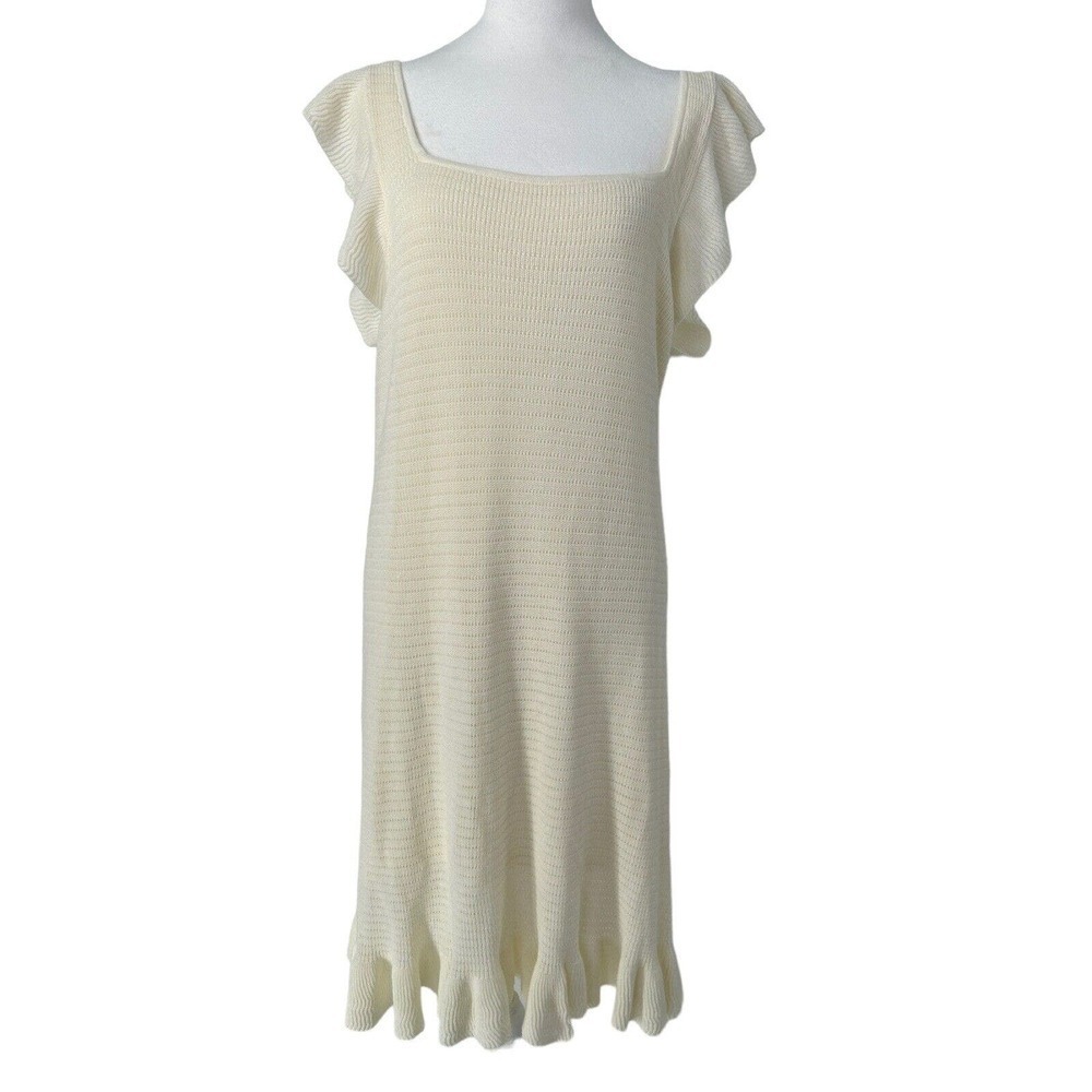 House of Harlow 1960 Cream Knit Ruffle Flutter Sleeve Knee Length Midi Dress L - Picture 2 of 16